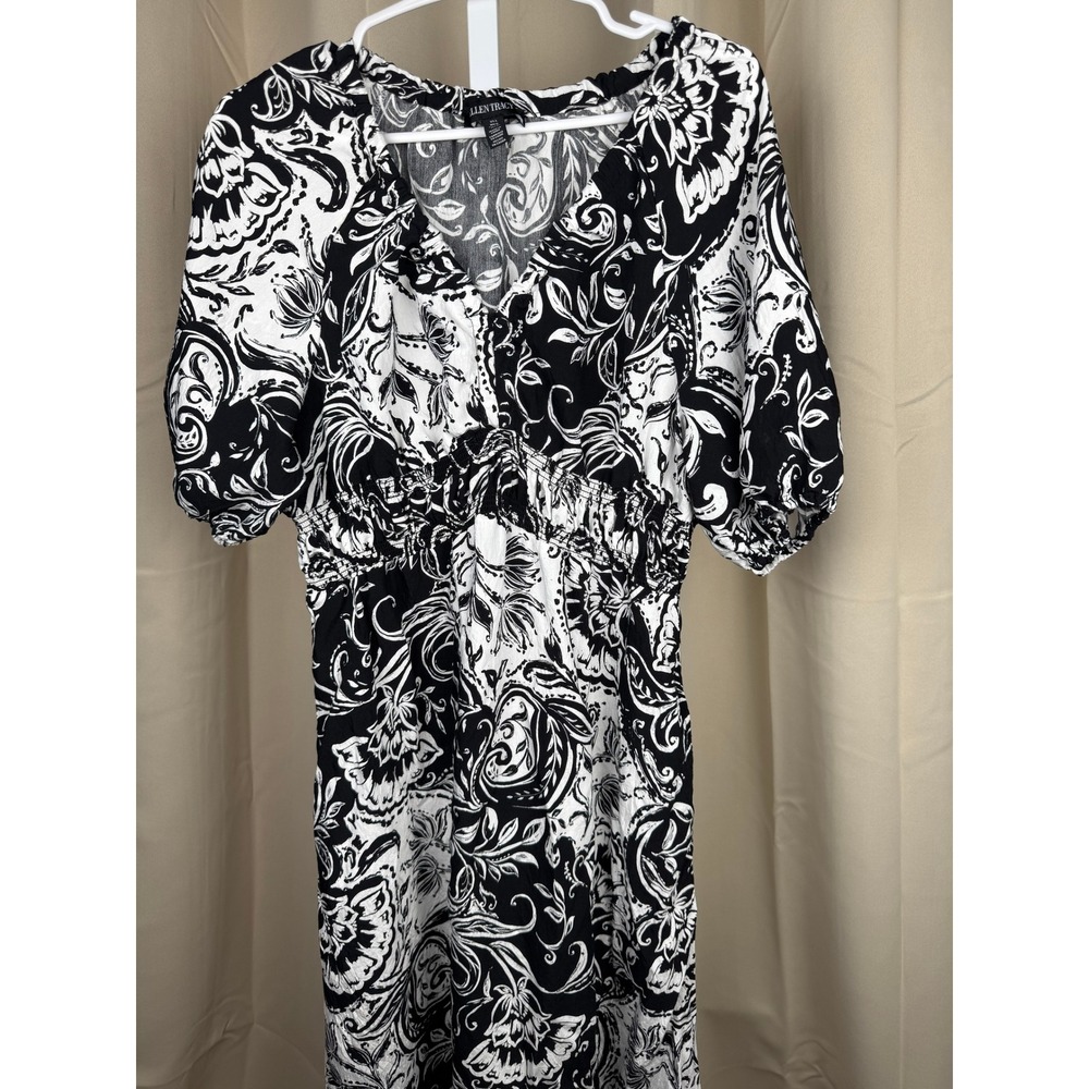 Ellen Tracy Black White Floral Paisley Maxi Dress L – Puff Sleeve Smocked Waist - Picture 3 of 8